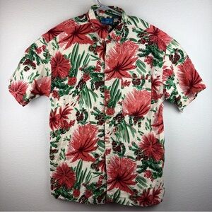 Blue Print Hawaiian Shirt Floral Button Up Pocket Tan Men’s Large